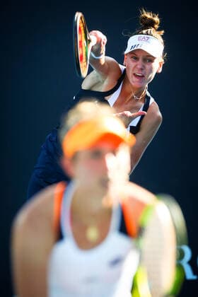 Belgian Elise Mertens WTA, Tennis Damen 4) and Russian Veronika Kudermetova (WTA13) pictured during a tennis match between the Russian-Belgian pair Kudermetova - Mertens and French pair Garcia - Mladenovic, in the second round of the women s doubles at the Australian Open Grand Slam tennis tournament, Friday 21 January 2022 in Melbourne Park, Melbourne, Australia. The 2022 edition of the Australian Grand Slam takes place from January 17th to January 30th. PATRICKxHAMILTON  x4404973x