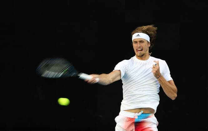 (220121) -- MELBOURNE, Jan. 21, 2022 -- Alexander Zverev of Germany competes during the men s singles 3rd round match against Radu Albot of Moldova during Australian Open in Melbourne, Australia, Jan. 21, 2022. ) (SP)AUSTRALIA-MELBOURNE-TENNIS-AUSTRALIAN OPEN-MEN S SINGLES-THIRD ROUND BaixXuefei 