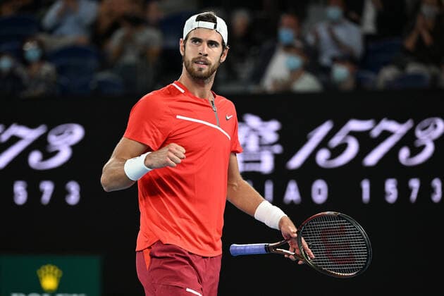 TENNIS AUSTRALIAN OPEN, Karen Khachanov of Russia reacts during his third round Men?s singles match against Rafael Nadal of Spain on Day 5 of the Australian Open, at Melbourne Park, in Melbourne, Friday, January 21, 2022. ( NO ARCHIVING, EDITORIAL USE ONLY, NO USE IN BOOKS WITHOUT CONSENT MELBOURNE VIC AUSTRALIA  Copyright: xDAVExHUNTx 20220121001615487415