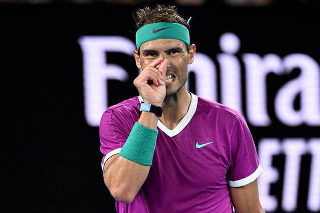 TENNIS AUSTRALIAN OPEN, Rafael Nadal of Spain reacts during his third round Men?s singles match against Karen Khachanov of Russia on Day 5 of the Australian Open, at Melbourne Park, in Melbourne, Friday, January 21, 2022. ( NO ARCHIVING, EDITORIAL USE ONLY, NO USE IN BOOKS WITHOUT CONSENT MELBOURNE VIC AUSTRALIA  Copyright: xDAVExHUNTx 20220121001615488091
