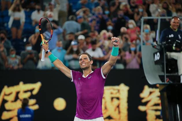 Mandatory Credit: Photo by Ella Ling Shutterstock (12765070en) Rafael Nadal celebrates victory in his third round match Australian Open, Day Five, Tennis, Melbourne Park, Melbourne, Australia - 21 Jan 2022 Australian Open, Day Five, Tennis, Melbourne Park, Melbourne, Australia - 21 Jan 2022 Copyright: xEllaxLing Shutterstockx 12765070en