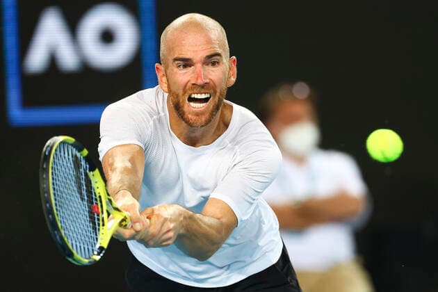 French Adrian Mannarino pictured in action during a tennis match between French Mannarino and Russian Karatsev, in the third round of the men s singles at the Australian Open Grand Slam tennis tournament, Friday 21 January 2022 in Melbourne Park, Melbourne, Australia. The 2022 edition of the Australian Grand Slam takes place from January 17th to January 30th. PATRICKxHAMILTON  x4465638x