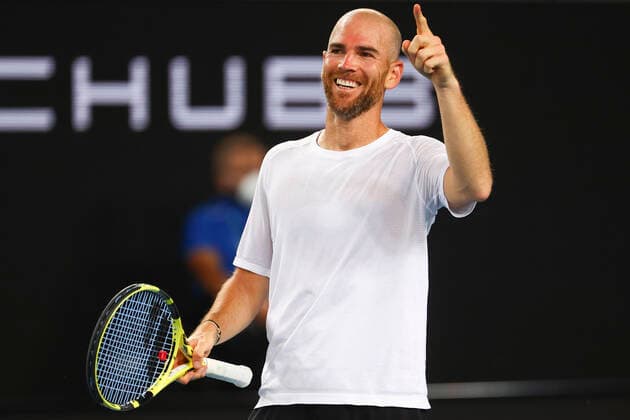 French Adrian Mannarino celebrates during a tennis match between French Mannarino and Russian Karatsev, in the third round of the men s singles at the Australian Open Grand Slam tennis tournament, Friday 21 January 2022 in Melbourne Park, Melbourne, Australia. The 2022 edition of the Australian Grand Slam takes place from January 17th to January 30th. PATRICKxHAMILTON  x4465828x