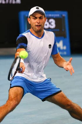russian Aslan Karatsev pictured in action during a tennis match between French Mannarino and Russian Karatsev, in the third round of the men s singles at the Australian Open Grand Slam tennis tournament, Friday 21 January 2022 in Melbourne Park, Melbourne, Australia. The 2022 edition of the Australian Grand Slam takes place from January 17th to January 30th. PATRICKxHAMILTON  x4466037x