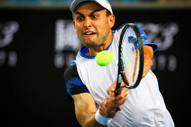 Russian Aslan Karatsev pictured in action during a tennis match between French Mannarino and Russian Karatsev, in the third round of the men s singles at the Australian Open Grand Slam tennis tournament, Friday 21 January 2022 in Melbourne Park, Melbourne, Australia. The 2022 edition of the Australian Grand Slam takes place from January 17th to January 30th. PATRICKxHAMILTON  x4495395x