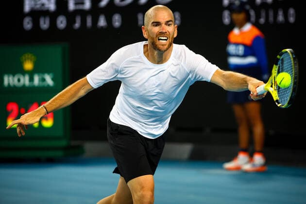 French Adrian Mannarino pictured in action during a tennis match between French Mannarino and Russian Karatsev, in the third round of the men s singles at the Australian Open Grand Slam tennis tournament, Friday 21 January 2022 in Melbourne Park, Melbourne, Australia. The 2022 edition of the Australian Grand Slam takes place from January 17th to January 30th. PATRICKxHAMILTON  x4495620x