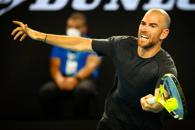 French Adrian Mannarino pictured in action during a tennis match between French Mannarino and Russian Karatsev, in the third round of the men s singles at the Australian Open Grand Slam tennis tournament, Friday 21 January 2022 in Melbourne Park, Melbourne, Australia. The 2022 edition of the Australian Grand Slam takes place from January 17th to January 30th. PATRICKxHAMILTON  x4496122x