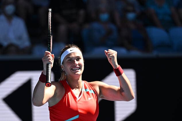 TENNIS AUSTRALIAN OPEN, Aryna Sabalenka of Belarus celebrates winning her third round match against Marketa Vondrousova of the Czech Republic on Day 6 of the Australian Open, at Melbourne Park, in Melbourne, Saturday, January 22, 2022. ( NO ARCHIVING, EDITORIAL USE ONLY, NO USE IN BOOKS WITHOUT CONSENT MELBOURNE VIC AUSTRALIA  Copyright: xDAVExHUNTx 20220122001615771895