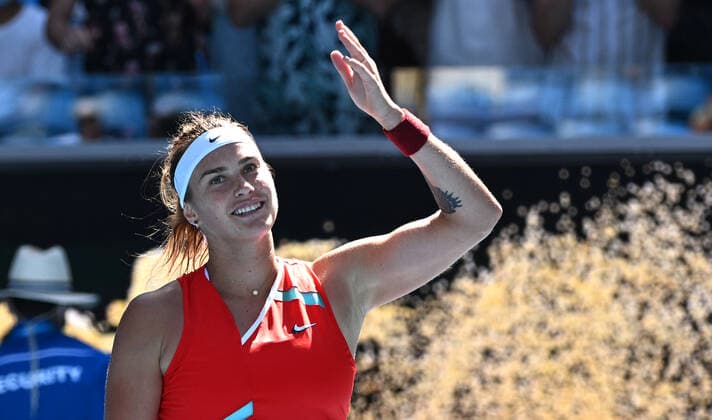 TENNIS AUSTRALIAN OPEN, Aryna Sabalenka of Belarus celebrates winning her third round match against Marketa Vondrousova of the Czech Republic on Day 6 of the Australian Open, at Melbourne Park, in Melbourne, Saturday, January 22, 2022. ( NO ARCHIVING, EDITORIAL USE ONLY, NO USE IN BOOKS WITHOUT CONSENT MELBOURNE VIC AUSTRALIA  Copyright: xDAVExHUNTx 20220122001615773515