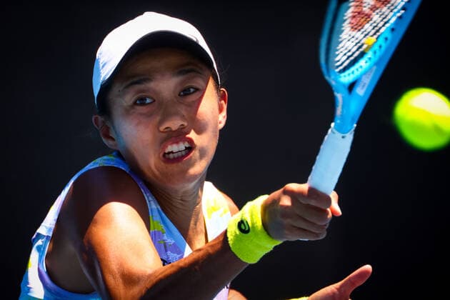 Chinese Shuai Zhang pictured in action during a tennis match between Belgian Mertens and Chinese Zhang, in the third round of the women s singles at the Australian Open Grand Slam tennis tournament, Saturday 22 January 2022 in Melbourne Park, Melbourne, Australia. The 2022 edition of the Australian Grand Slam takes place from January 17th to January 30th. PATRICKxHAMILTON  x4688496x