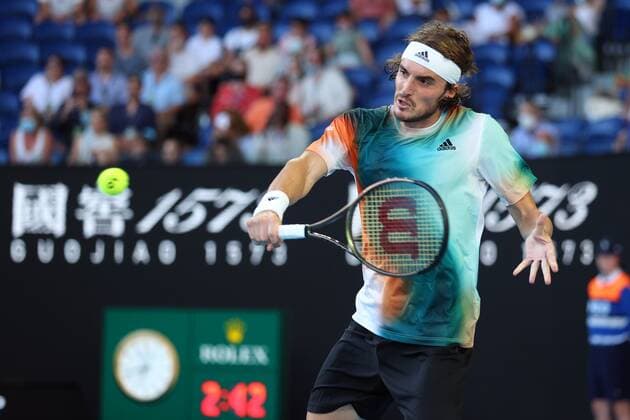 Mandatory Credit: Photo by Ella Ling Shutterstock (12765089cx) Stefanos Tsitsipas during his third round match Australian Open, Day Six, Tennis, Melbourne Park, Melbourne, Australia - 22 Jan 2022 Australian Open, Day Six, Tennis, Melbourne Park, Melbourne, Australia - 22 Jan 2022 Copyright: xEllaxLing Shutterstockx 12765089cx