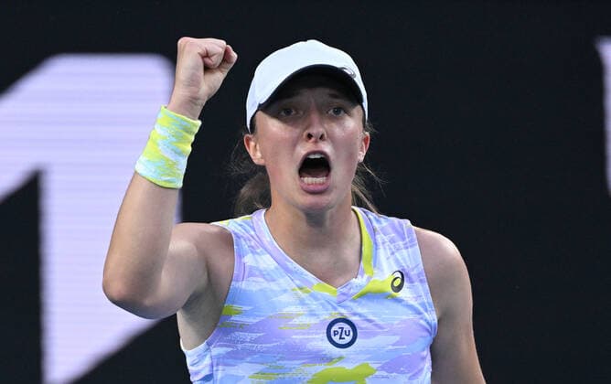 TENNIS AUSTRALIAN OPEN, Iga Swiatek of Poland celebrates during her third round match against Daria Kasatkina of Russia on Day 6 of the Australian Open, at Melbourne Park, in Melbourne, Saturday, January 22, 2022. ( NO ARCHIVING, EDITORIAL USE ONLY, NO USE IN BOOKS WITHOUT CONSENT MELBOURNE VIC AUSTRALIA  Copyright: xDEANxLEWINSx 20220122001615825506