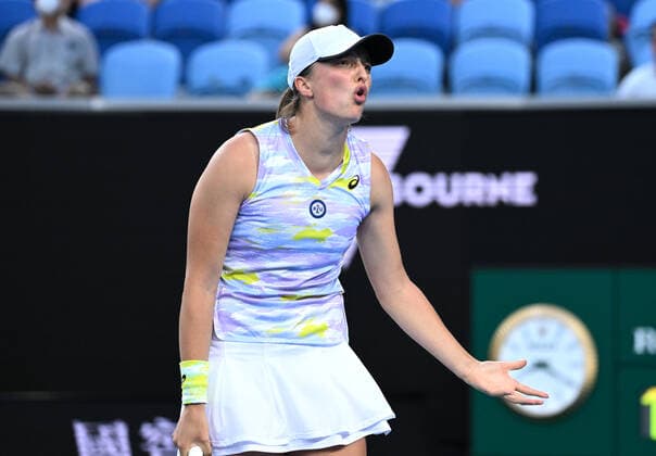 TENNIS AUSTRALIAN OPEN, Iga Swiatek of Poland is seen reacting during her third round match against Daria Kasatkina of Russia on Day 6 of the Australian Open, at Melbourne Park, in Melbourne, Saturday, January 22, 2022. ( NO ARCHIVING, EDITORIAL USE ONLY, NO USE IN BOOKS WITHOUT CONSENT MELBOURNE VIC AUSTRALIA  Copyright: xDEANxLEWINSx 20220122001615826410