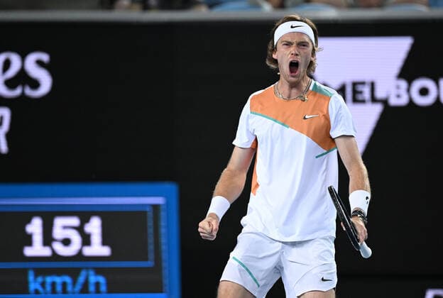 TENNIS AUSTRALIAN OPEN, Andrey Rublev of Russia celebrates during his third round match against Marin Cilic of Croatia on Day 6 of the Australian Open, at Melbourne Park, in Melbourne, Saturday, January 22, 2022. ( NO ARCHIVING, EDITORIAL USE ONLY, NO USE IN BOOKS WITHOUT CONSENT MELBOURNE VIC AUSTRALIA  Copyright: xDEANxLEWINSx 20220122001615837463