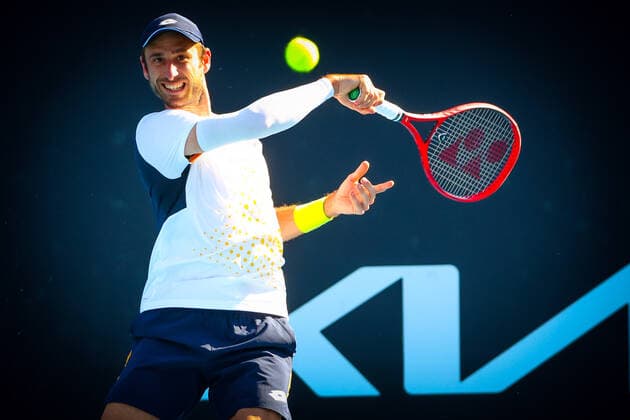 Belgian Sander Gille pictured in action during a tennis match between the Belgian pair Flipkens-Gille and French-Croatian pair Mladenovic-Dodig, in the first round of the mixed doubles at the Australian Open Grand Slam tennis tournament, Saturday 22 January 2022 in Melbourne Park, Melbourne, Australia. The 2022 edition of the Australian Grand Slam takes place from January 17th to January 30th. PATRICKxHAMILTON  x4800045x