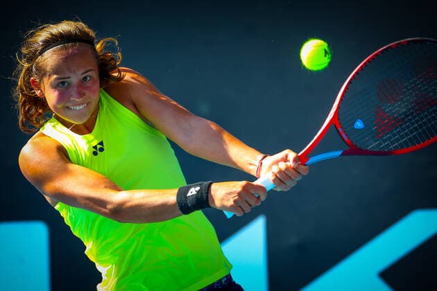 Belgian Hanne Vandewinkel pictured in action during the girls singles first round match between Belgian Vandewinkel and Canadian Kupres, at the junior s tournament of the Australian Open Grand Slam tennis tournament, Saturday 22 January 2022 in Melbourne Park, Melbourne, Australia. The 2022 edition of the Australian Grand Slam takes place from January 17th to January 30th. PATRICKxHAMILTON  x4800663x