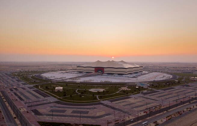 19.12.2019, Vorschau zur Fussball Weltmeisterschaft 2022 in Katar, VAE. Al Bayt Stadium in Al Khor - FIFA World Cup, WM, Weltmeisterschaft, Fussball Stadium (Katar), Es bietet Platz für 60.000 Zuschauer. Das Aussen-Design wie auch der Name geht auf die Bayt al Sha ar, den traditionellen Zelten der Nomaden Katars, zurück. *** 19 12 2019, Preview of the 2022 FIFA World Cup in Qatar, UAE Al Bayt Stadium in Al Khor FIFA World Cup Stadium Qatar , It can accommodate 60 000 spectators The exterior design as well as the name goes back to the Bayt al Sha ar, the traditional tents of the Qatari nomads