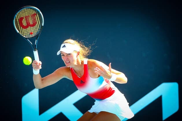 Kristina Mladenovic WTA, Tennis Damen 25) pictured in action during a tennis match between the Belgian pair Flipkens-Gille and French-Croatian pair Mladenovic-Dodig, in the first round of the mixed doubles at the Australian Open Grand Slam tennis tournament, Saturday 22 January 2022 in Melbourne Park, Melbourne, Australia. The 2022 edition of the Australian Grand Slam takes place from January 17th to January 30th. PATRICKxHAMILTON  x4814007x