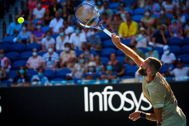 French Benoit Paire pictured in action during a tennis match between french Paire and greek Tsitsipas, in the third round of the men s singles at the Australian Open Grand Slam tennis tournament, Saturday 22 January 2022 in Melbourne Park, Melbourne, Australia. The 2022 edition of the Australian Grand Slam takes place from January 17th to January 30th. PATRICKxHAMILTON  x4815545x