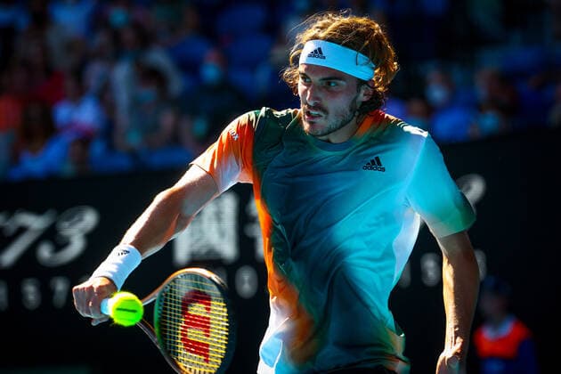 Greek Stefanos Tsitsipas pictured in action during a tennis match between french Paire and greek Tsitsipas, in the third round of the men s singles at the Australian Open Grand Slam tennis tournament, Saturday 22 January 2022 in Melbourne Park, Melbourne, Australia. The 2022 edition of the Australian Grand Slam takes place from January 17th to January 30th. PATRICKxHAMILTON  x4815828x