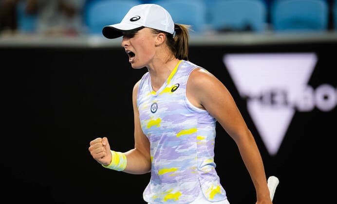 January 22, 2022, MELBOURNE, AUSTRALIA: Iga Swiatek of Poland in action during the third round at the 2022 Australian Open Grand Slam Tennis Tournament against Daria Kasatkina of Russia MELBOURNE AUSTRALIA - ZUMAa181 20220122_zaa_a181_205 Copyright: xRobxPrangex