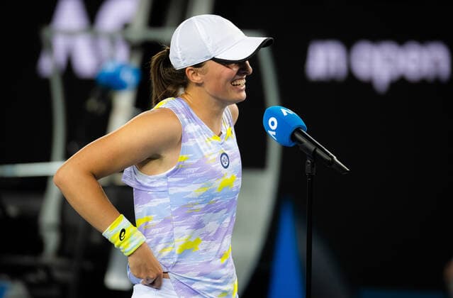 January 22, 2022, MELBOURNE, AUSTRALIA: Iga Swiatek of Poland in action during the third round at the 2022 Australian Open Grand Slam Tennis Tournament against Daria Kasatkina of Russia MELBOURNE AUSTRALIA - ZUMAa181 20220122_zaa_a181_214 Copyright: xRobxPrangex