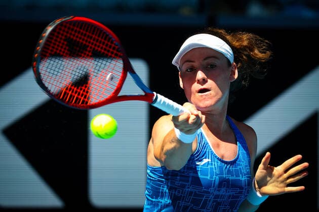 Slovenian Tamara Zidansek pictured in action during a tennis match between french Cornet and Slovenian Zidansek, in the third round of the women s singles at the Australian Open Grand Slam tennis tournament, Saturday 22 January 2022 in Melbourne Park, Melbourne, Australia. The 2022 edition of the Australian Grand Slam takes place from January 17th to January 30th. PATRICKxHAMILTON  x4846133x