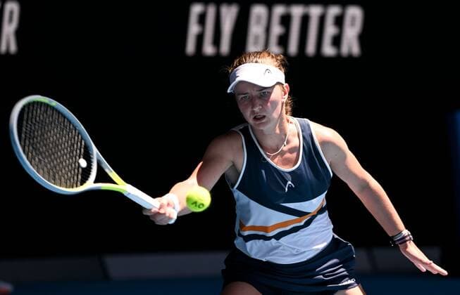 Mandatory Credit: Photo by James Gourley Shutterstock (12765097by) Barbora Krejcikova in fourth round action Australian Open, Day Seven, Tennis, Melbourne Park, Melbourne, Australia - 23 Jan 2022 Australian Open, Day Seven, Tennis, Melbourne Park, Melbourne, Australia - 23 Jan 2022 Copyright: xJamesxGourley Shutterstockx 12765097by
