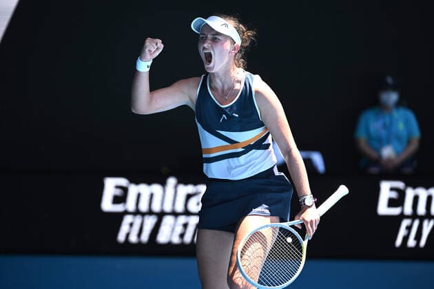 TENNIS AUSTRALIAN OPEN, Barbora Krejcikova of Czech Republic celebrates winning during her 4th round match against Victoria Azarenka of Belarus on Day 7 of the Australian Open at Melbourne Park in Melbourne, Sunday, January 23, 2022. ( NO ARCHIVING, EDITORIAL USE ONLY, NO USE IN BOOKS WITHOUT CONSENT MELBOURNE VIC AUSTRALIA  Copyright: xDAVExHUNTx 20220123001616101698