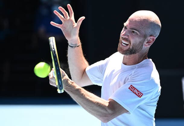 TENNIS AUSTRALIAN OPEN, Adrian Mannarino of France in action during the 4th round match against Rafael Nadal of Spain on Day 7 of the Australian Open at Melbourne Park in Melbourne, Sunday, January 23, 2022. ( NO ARCHIVING, EDITORIAL USE ONLY, NO USE IN BOOKS WITHOUT CONSENT MELBOURNE VIC AUSTRALIA  Copyright: xDAVExHUNTx 20220123001616106756