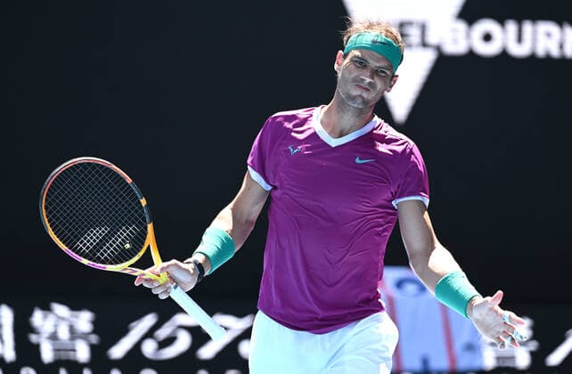 TENNIS AUSTRALIAN OPEN, Rafael Nadal of Spain reacts during the 4th round match against Adrian Mannarino of France on Day 7 of the Australian Open at Melbourne Park in Melbourne, Sunday, January 23, 2022. ( NO ARCHIVING, EDITORIAL USE ONLY, NO USE IN BOOKS WITHOUT CONSENT MELBOURNE VIC AUSTRALIA  Copyright: xDAVExHUNTx 20220123001616112767