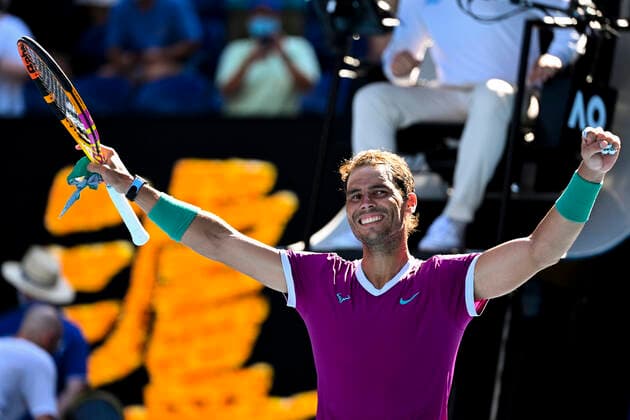TENNIS AUSTRALIAN OPEN, Rafael Nadal of Spain celebrates after winning the 4th round match against Adrian Mannarino of France on Day 7 of the Australian Open at Melbourne Park in Melbourne, Sunday, January 23, 2022. ( NO ARCHIVING, EDITORIAL USE ONLY, NO USE IN BOOKS WITHOUT CONSENT MELBOURNE VIC AUSTRALIA  Copyright: xDAVExHUNTx 20220123001616135878