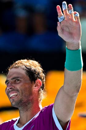 TENNIS AUSTRALIAN OPEN, Rafael Nadal of Spain celebrates after winning the 4th round match against Adrian Mannarino of France on Day 7 of the Australian Open at Melbourne Park in Melbourne, Sunday, January 23, 2022. ( NO ARCHIVING, EDITORIAL USE ONLY, NO USE IN BOOKS WITHOUT CONSENT MELBOURNE VIC AUSTRALIA  Copyright: xDAVExHUNTx 20220123001616136265