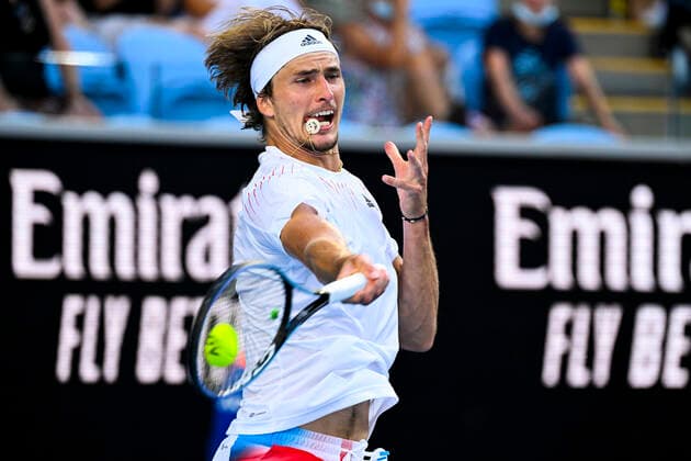 TENNIS AUSTRALIAN OPEN, Alexander Zverev of Germany plays a shot during his 4th round match against Denis Shapovalov of Canada on Day 7 of the Australian Open at Melbourne Park in Melbourne, Sunday, January 23, 2022. ( NO ARCHIVING, EDITORIAL USE ONLY, NO USE IN BOOKS WITHOUT CONSENT MELBOURNE VIC AUSTRALIA  Copyright: xDEANxLEWINSx 20220123001616138680