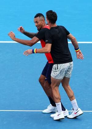 Mandatory Credit: Photo by Ella Ling Shutterstock (12765096fa) Nick Kyrgios and Thanasi Kokkinakis celebrate victory in their Men s Doubles third round match Australian Open, Day Seven, Tennis, Melbourne Park, Melbourne, Australia - 23 Jan 2022 Australian Open, Day Seven, Tennis, Melbourne Park, Melbourne, Australia - 23 Jan 2022 Copyright: xEllaxLing Shutterstockx 12765096fa