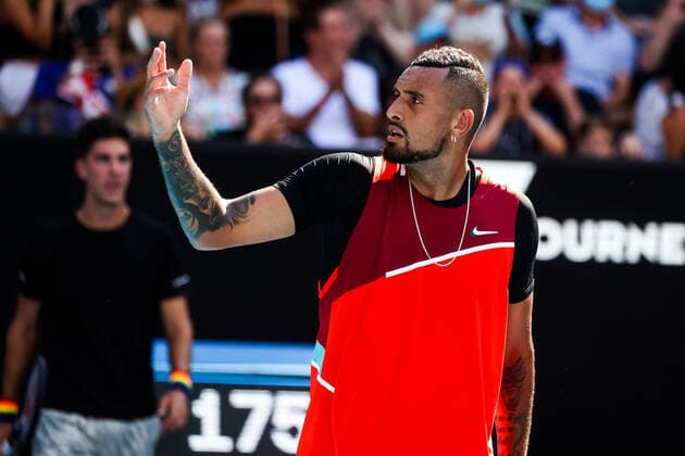January 23, 2022: MELBOURNE, AUSTRALIA - JANUARY 23: Nick Kyrgios of Australia in his doubles match with Thanasi Kokkinakis of Australia, against Ariel Behar of Uruguay and Gonzalo Escobar of Ecudor in the 2022 Australian Open at Melbourne Park on January 23, 2022 in Melbourne, Australia. - ZUMAp121 20220123_zsp_p121_032 Copyright: xChrisxPutnamx