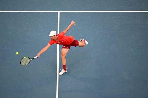 Mandatory Credit: Photo by James Gourley Shutterstock (12765097hj) Miomir Kecmanovic during his fourth round match Australian Open, Day Seven, Tennis, Melbourne Park, Melbourne, Australia - 23 Jan 2022 Australian Open, Day Seven, Tennis, Melbourne Park, Melbourne, Australia - 23 Jan 2022 Copyright: xJamesxGourley Shutterstockx 12765097hj
