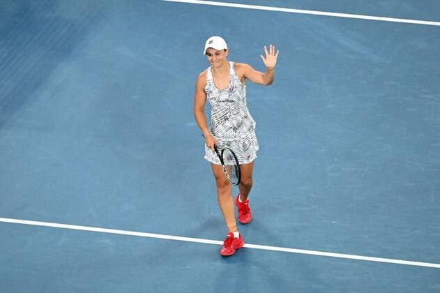 Mandatory Credit: Photo by James Gourley Shutterstock (12765097ia) Ashleigh Barty celebrates victory in her fourth round match Australian Open, Day Seven, Tennis, Melbourne Park, Melbourne, Australia - 23 Jan 2022 Australian Open, Day Seven, Tennis, Melbourne Park, Melbourne, Australia - 23 Jan 2022 Copyright: xJamesxGourley Shutterstockx 12765097ia