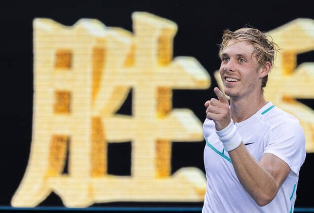 (220123) -- MELBOURNE, Jan. 23, 2022 -- Denis Shapovalov of Canada celebrates after the men s singles 4th round match against Alexander Zverev of Germany at Australian Open 2022, in Melbourne, Australia, on Jan. 23, 2022. (Photo by Xinhua) (SP)AUSTRALIA-MELBOURNE-TENNIS-AUSTRALIAN OPEN-MEN S SINGLES-4TH ROUND HuxJingchen 