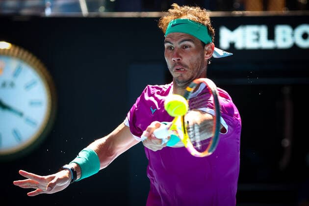 Spanish Rafael Nadal pictured at a fourth round game against French Mannarino at the Australian Open Grand Slam tennis tournament, Sunday 23 January 2022 in Melbourne Park, Melbourne, Australia. The 2022 edition of the Australian Grand Slam takes place from January 17th to January 30th. PATRICKxHAMILTON  x5070188x