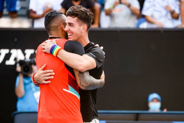 January 23, 2022: MELBOURNE, AUSTRALIA - JANUARY 23: Nick Kyrgios of Australia with Thanasi Kokkinakis of Australia, against Ariel Behar of Uruguay and Gonzalo Escobar of Ecudor in the 2022 Australian Open at Melbourne Park on January 23, 2022 in Melbourne, Australia. - ZUMAp121 20220123_zsp_p121_175 Copyright: xChrisxPutnamx