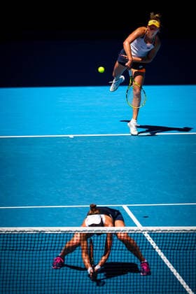 Elise Mertens (back) and Veronika Kudermetova (front) pictured at a tennis match between the Belgian-Russian pair Mertens-Kudermetova and Chinese pair Yang-Xu, in the third round of the women doubles at the Australian Open Grand Slam tennis tournament, Sunday 23 January 2022 in Melbourne Park, Melbourne, Australia. The 2022 edition of the Australian Grand Slam takes place from January 17th to January 30th. PATRICKxHAMILTON  x5104038x