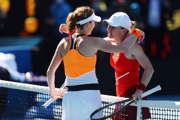 Mandatory Credit: Photo by Ella Ling Shutterstock (12765099co) Alize Cornet celebrates victory in her fourth round match and is congratulated by Simona Halep Australian Open, Day Eight, Tennis, Melbourne Park, Melbourne, Australia - 24 Jan 2022 Australian Open, Day Eight, Tennis, Melbourne Park, Melbourne, Australia - 24 Jan 2022 Copyright: xEllaxLing Shutterstockx 12765099co