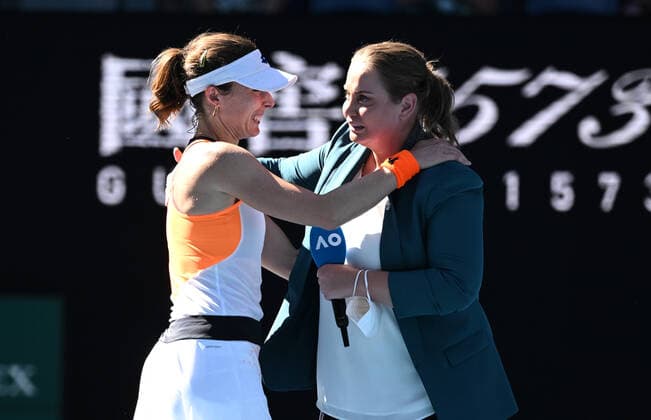 TENNIS AUSTRALIAN OPEN, Alize Cornet (left) of France is congratulated by former player Jelena Dokic (right) after winning during her 4th round match against Simona Halep of Romania on Day 8 of the Australian Open, at Melbourne Park, in Melbourne, Monday, January 24, 2022. ( NO ARCHIVING, EDITORIAL USE ONLY, NO USE IN BOOKS WITHOUT CONSENT MELBOURNE VIC AUSTRALIA  Copyright: xDAVExHUNTx 20220124001616515706