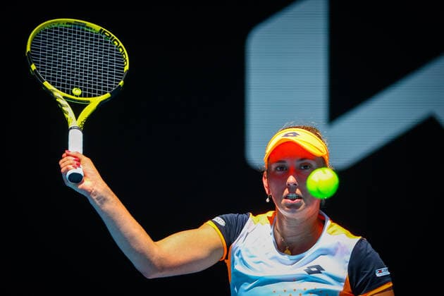 Belgian Elise Mertens pictured in action during a round of sixteen game in the women sigles, between Belgian Mertens and US Collins at the Australian Open Grand Slam tennis tournament, Monday 24 January 2022 in Melbourne Park, Melbourne, Australia. The 2022 edition of the Australian Grand Slam takes place from January 17th to January 30th. PATRICKxHAMILTON  x5148687x