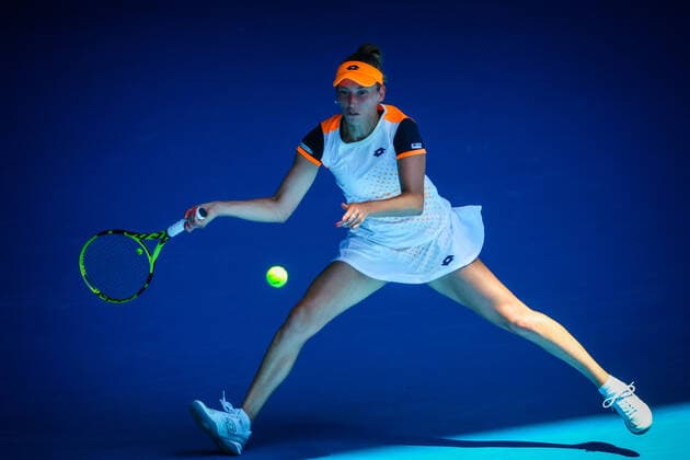Belgian Elise Mertens pictured in action during a round of sixteen game in the women sigles, between Belgian Mertens and US Collins at the Australian Open Grand Slam tennis tournament, Monday 24 January 2022 in Melbourne Park, Melbourne, Australia. The 2022 edition of the Australian Grand Slam takes place from January 17th to January 30th. PATRICKxHAMILTON  x5148822x