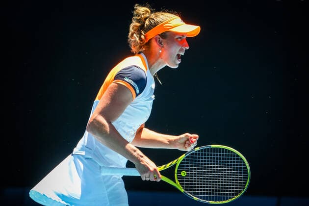 Belgian Elise Mertens reacts during a round of sixteen game in the women sigles, between Belgian Mertens and US Collins at the Australian Open Grand Slam tennis tournament, Monday 24 January 2022 in Melbourne Park, Melbourne, Australia. The 2022 edition of the Australian Grand Slam takes place from January 17th to January 30th. PATRICKxHAMILTON  x5148831x