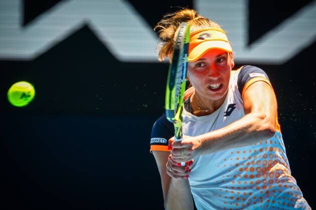 Belgian Elise Mertens pictured in action during a round of sixteen game in the women sigles, between Belgian Mertens and US Collins at the Australian Open Grand Slam tennis tournament, Monday 24 January 2022 in Melbourne Park, Melbourne, Australia. The 2022 edition of the Australian Grand Slam takes place from January 17th to January 30th. PATRICKxHAMILTON  x5148833x