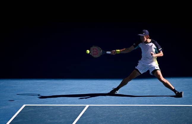 Mandatory Credit: Photo by James Gourley Shutterstock (12765100dw) Alex de Minaur during his fourth round match Australian Open, Day Eight, Tennis, Melbourne Park, Melbourne, Australia - 24 Jan 2022 Australian Open, Day Eight, Tennis, Melbourne Park, Melbourne, Australia - 24 Jan 2022 Copyright: xJamesxGourley Shutterstockx 12765100dw