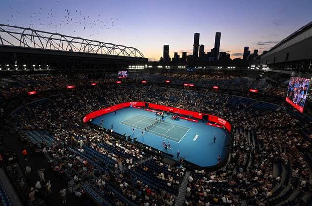 Mandatory Credit: Photo by James Gourley Shutterstock (12765100fp) The sun sets over the Rod Laver Arena Australian Open, Day Eight, Tennis, Melbourne Park, Melbourne, Australia - 24 Jan 2022 Australian Open, Day Eight, Tennis, Melbourne Park, Melbourne, Australia - 24 Jan 2022 Copyright: xJamesxGourley Shutterstockx 12765100fp